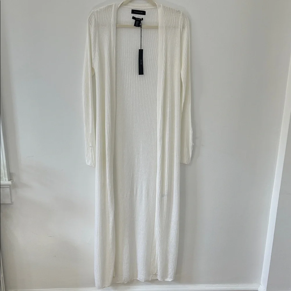 Tahari Sweater Women’s M White Linen Open Front Duster Romantic Feminine - Picture 14 of 16
